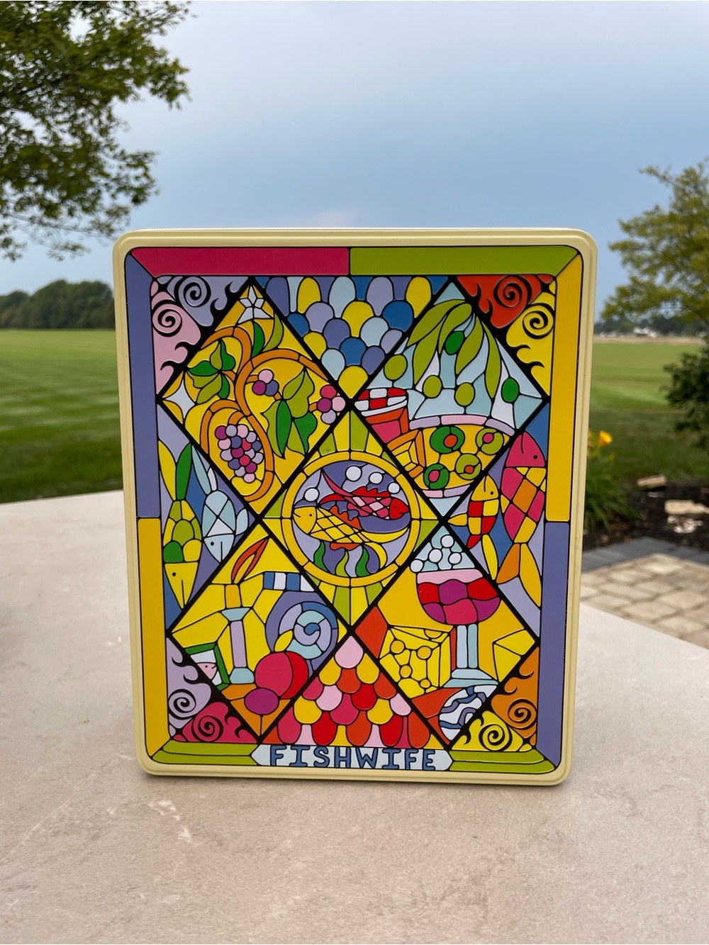 Fishwife Colorful Stained-Glass Pattern Tin 9.5”x8”